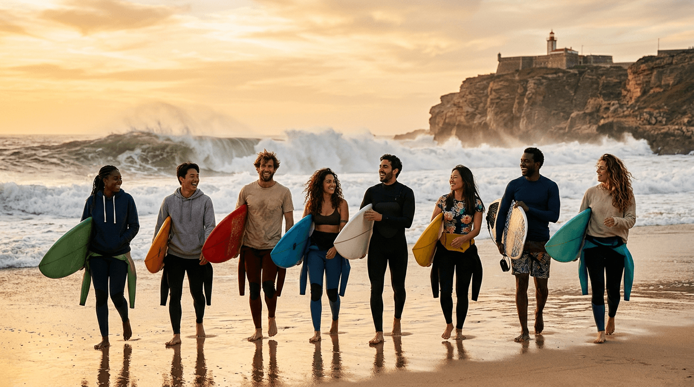 A group of friends walking with surfboards along the beach at Nazaré, Portugal at sunset